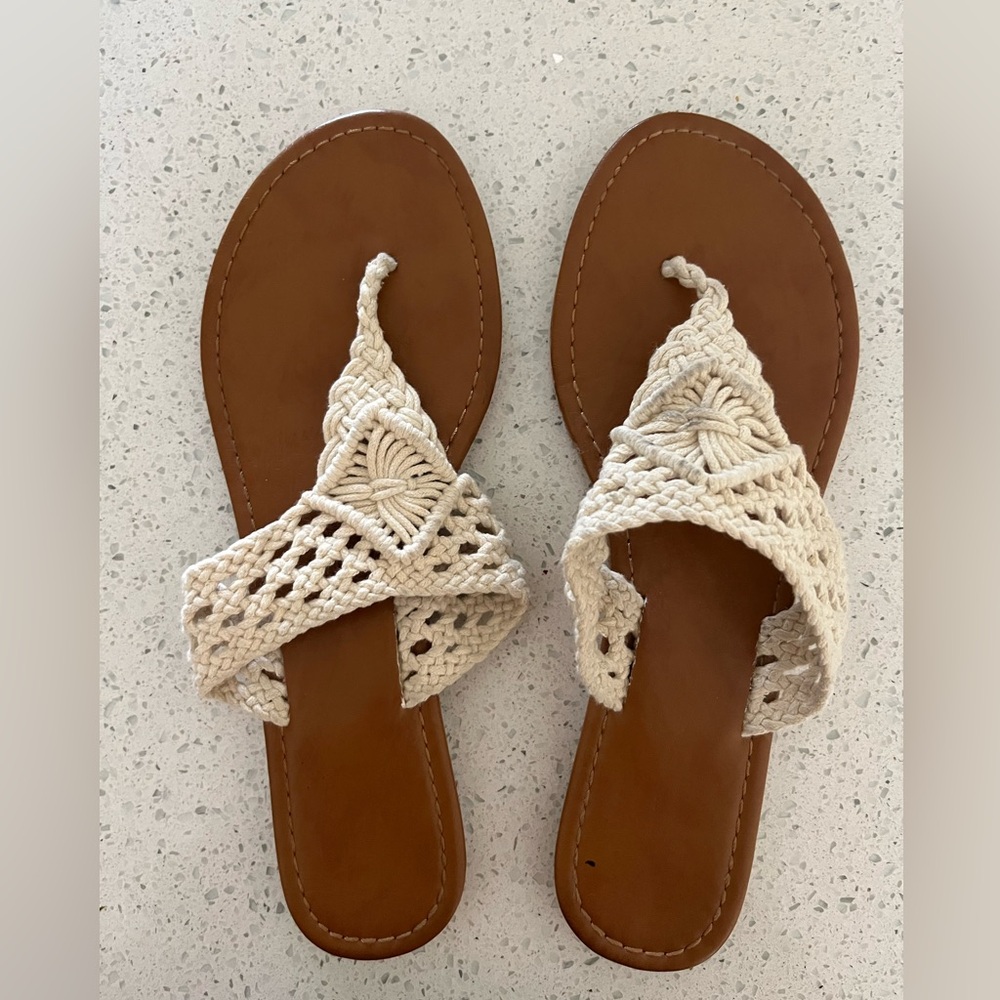 Beige Ivory Crochet Macrame Women's Thong Summer Sandals